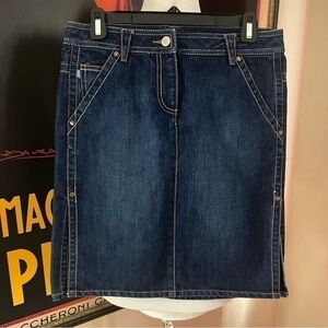 fcuk jeans: Exposed Stitching Dark Denim Jean Skirt  With Functioning Pockets